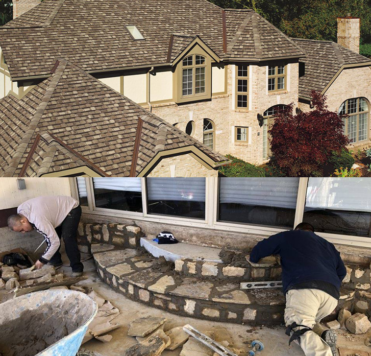 Two pictures of men working on a house, showcasing the expertise of a roofing contractor in Dallas.