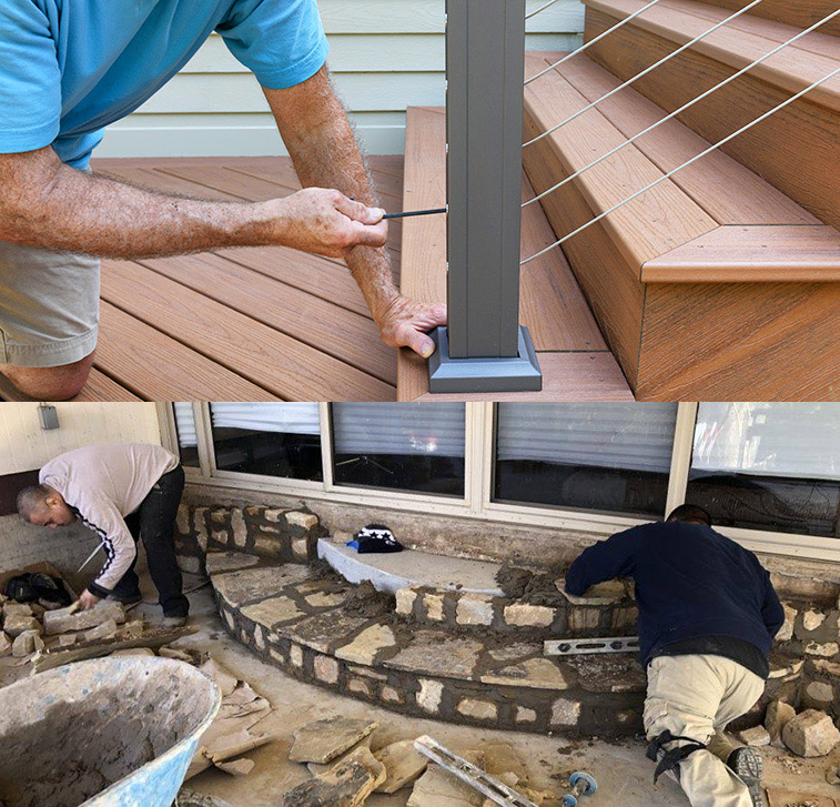 Two pictures of a man working on a residential roofing deck.